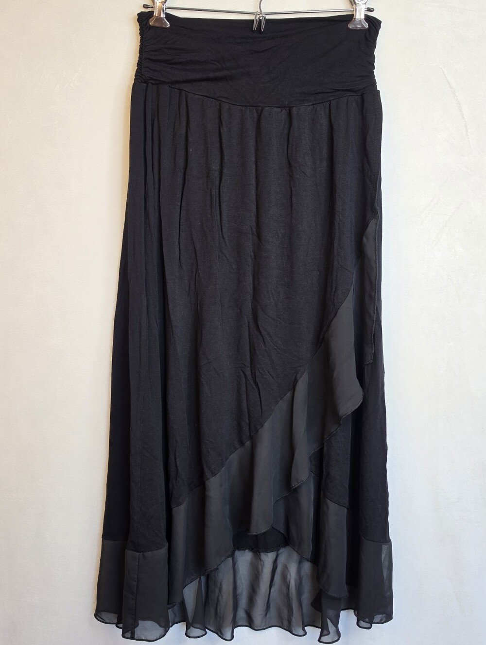 APT. 9 Black High-Low Maxi Skirt Chiffon Ruffle Trim L Goth Whimsigoth
